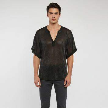 Pre Owned Emporio Armani Black Metallic Knit Sheer V-Neck Shirt M