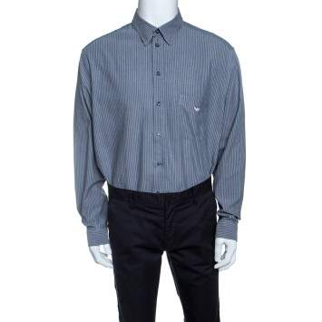 Pre Owned Emporio Armani Grey and Blue Chevron Pattern Striped Long Sleeve Shirt 3XL