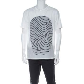 Pre Owned Emporio Armani White Cotton Blend Fingerprint Printed V Slit Neck T-shirt M