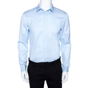 Pre Owned Emporio Armani Light Blue Striped Cotton Long Sleeve Shirt M
