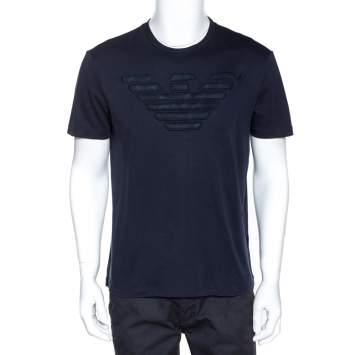 مملوكة مسبقًا Emporio Armani Navy Blue Cotton Mesh Logo Detail T Shirt XL 
