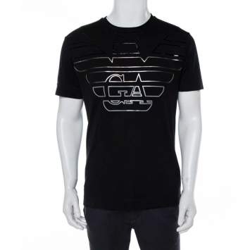 Pre Owned Emporio Armani Black Cotton Logo Embossed Crew Neck T-Shirt XL