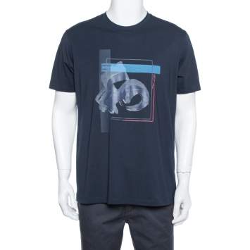 Pre Owned Emporio Armani Navy Blue Peace Relief Print Cotton T-Shirt XXL