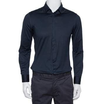 Pre Owned Emporio Armani Navy Blue Stretch Cotton Button Front Shirt M