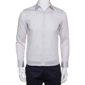 Pre Owned Emporio Armani Beige Printed Cotton Zipper Front Shirt M