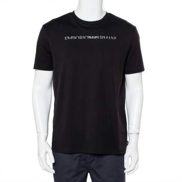 Pre Owned Emporio Armani Black Logo Embroidered Cotton Crewneck T-Shirt XXL