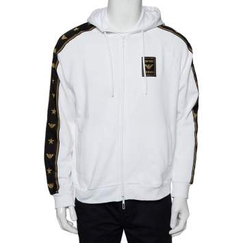 Pre Owned Emporio Armani White Cotton Logo Patch Zip Front Hoodie L