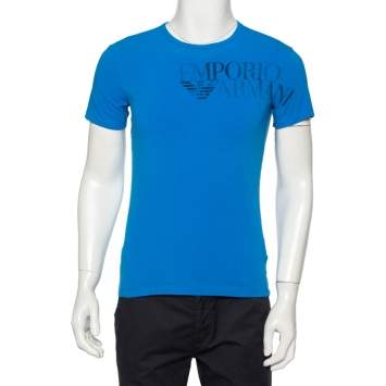 Pre Owned Emporio Armani Blue Logo Printed Stretch Cotton Crewneck T-Shirt S