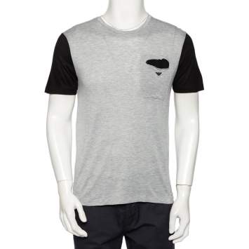 Pre Owned Emporio Armani Grey & Black Knit Pocket Detail Crewneck T-Shirt M