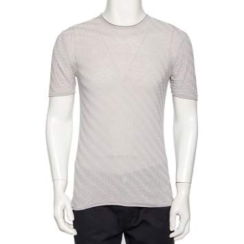 Pre Owned Emporio Armani Grey Patterned Cotton & Silk Knit Fitted T-Shirt M
