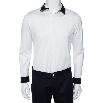 Pre Owned Emporio Armani White Cotton Contrast Wool Trim Button Front Shirt XL