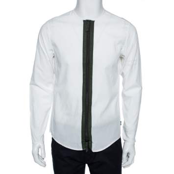 Pre Owned Emporio Armani White Cotton Contrast Trim Zip Front Slim Fit Shirt M