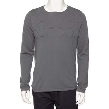Pre Owned Emporio Armani Grey Embossed Knit Round Neck Sweater L