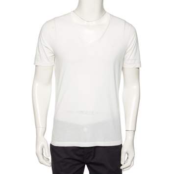 Pre Owned Emporio Armani White Logo Embroidered Cotton V-Neck T-Shirt S