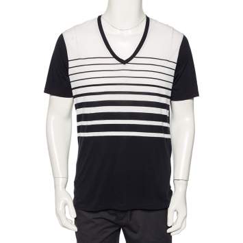 Pre Owned Emporio Armani Navy Blue Striped Cotton V-Neck T-Shirt L