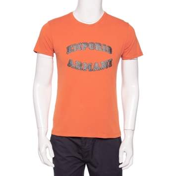 Pre Owned Emporio Armani Orange Logo Embroidered Cotton Crewneck T-Shirt M