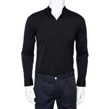 Pre Owned Emporio Armani Black Stretch Cotton Stand Collar Button Front Shirt M