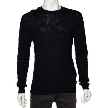 Pre Owned Emporio Armani Navy Blue Logo Intarsia Cotton Knit Crewneck Sweater M