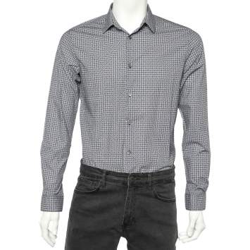 Pre Owned Emporio Armani Blue Logo Printed Cotton Slim Fit Shirt M