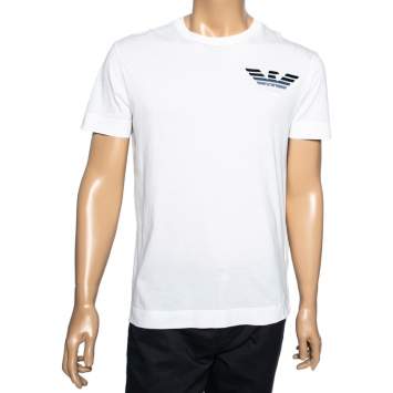 Pre Owned Emporio Armani White Cotton Logo Appliqued Short Sleeve T-Shirt L