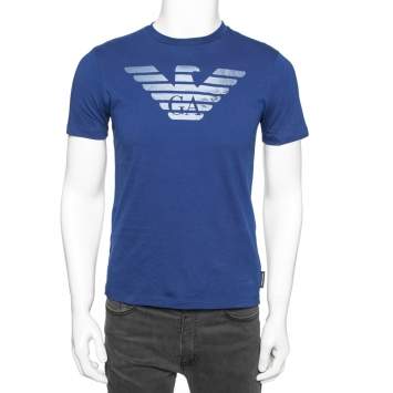 Pre Owned Emporio Armani Blue Logo Printed Cotton Short Sleeve T-Shirt S