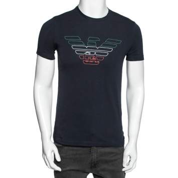 Pre Owned Emporio Armani Navy Blue Cotton Printed Crew Neck T-Shirt S