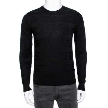 Pre Owned Emporio Armani Black Textured Knit Long Sleeve Crew Neck Sweater XS