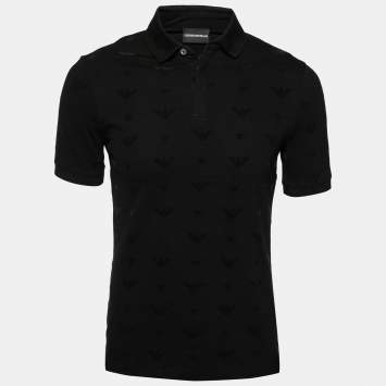 Pre Owned Emporio Armani Black Cotton All Over Logo Detailed Polo T-Shirt M