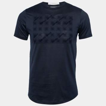 Pre Owned Emporio Armani Navy Blue Flocked Logo Cotton Short Sleeve T-Shirt M 