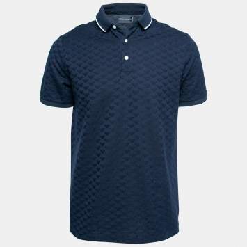 Pre Owned Emporio Armani Navy Blue Textured Knit Short Sleeve Polo T-Shirt L