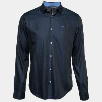 Pre Owned Emporio Armani Navy Blue Cotton Logo Embroidered Button Front Shirt L
