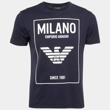 Pre Owned Emporio Armani Navy Blue Cotton Logo Print Crewneck T-Shirt M