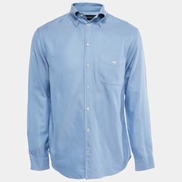 Pre Owned Emporio Armani Blue Diagonal Striped Cotton Button Down Shirt L