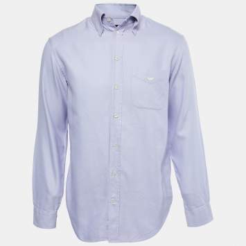 Pre Owned Emporio Armani Blue and Purple Striped Cotton Long Sleeve Shirt L