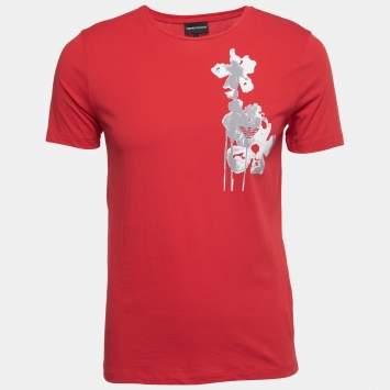 Pre Owned Emporio Armani Red Cotton Printed Crew Neck T-Shirt M