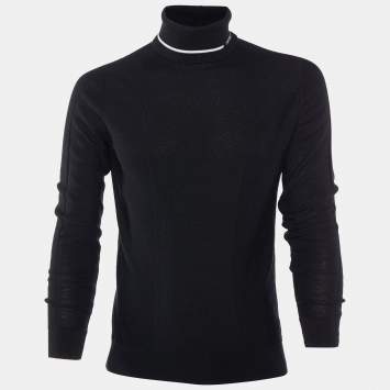Pre Owned Emporio Armani Black Wool Logo Embroidered Turtleneck Jumper L