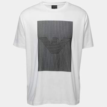Pre Owned Emporio Armani White Logo Flock Print Cotton Crew Neck T-Shirt 3XL