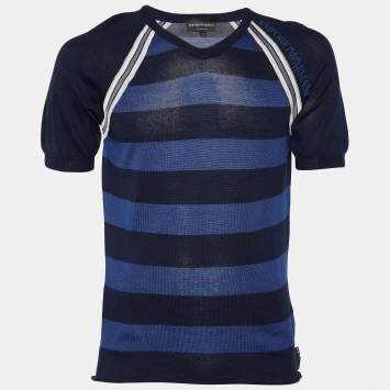 Pre Owned Emporio Armani Navy Blue Striped V-Neck Sweater S