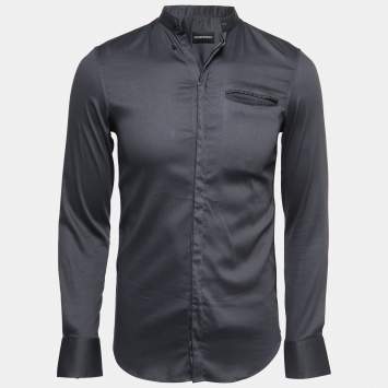 Pre Owned Emporio Armani Grey Cotton Button Front Long Sleeve Shirt S
