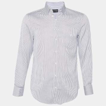 Pre Owned Emporio Armani White & Blue Striped Cotton Button Front Shirt M