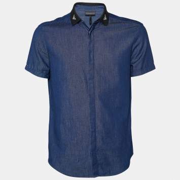 Pre Owned Emporio Armani Navy Blue Denim Contrast Collar Slim Fit Shirt M