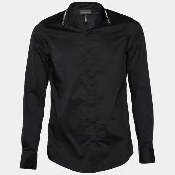 مملوكة مسبقًا Emporio Armani Black Cotton Logo Detail Collar Slim Fit Shirt M
