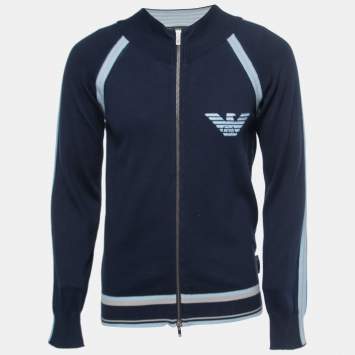 Pre Owned Emporio Armani Navy Blue Knit Zip Front Jacket M