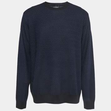 Pre Owned Emporio Armani Navy Blue/Black Patterned Wool Knit Crew Neck Sweater 3XL