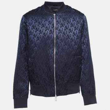 مملوكة مسبقًا Emporio Armani Navy Blue Logo Patterned Synthetic Zip Front Jacket 3XL
