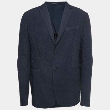 Pre Owned Emporio Armani Navy Blue Patterned Synthetic Single Breasted Blazer XL