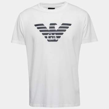 Pre Owned Emporio Armani Essential White Logo Print Cotton Crew Neck T-Shirt XXL