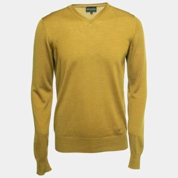 مملوكة مسبقًا Emporio Armani Green Ochre Wool Knit V-Neck Sweater XL