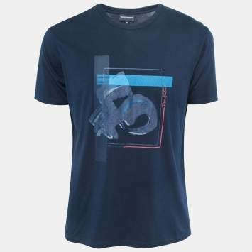 Pre Owned Emporio Armani Navy Blue Printed Cotton Knit T-shirt XXL