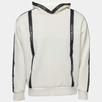 Pre Owned Emporio Armani Off-White Cream Knit Logo Tape Detail Hooded Sweatshirt L